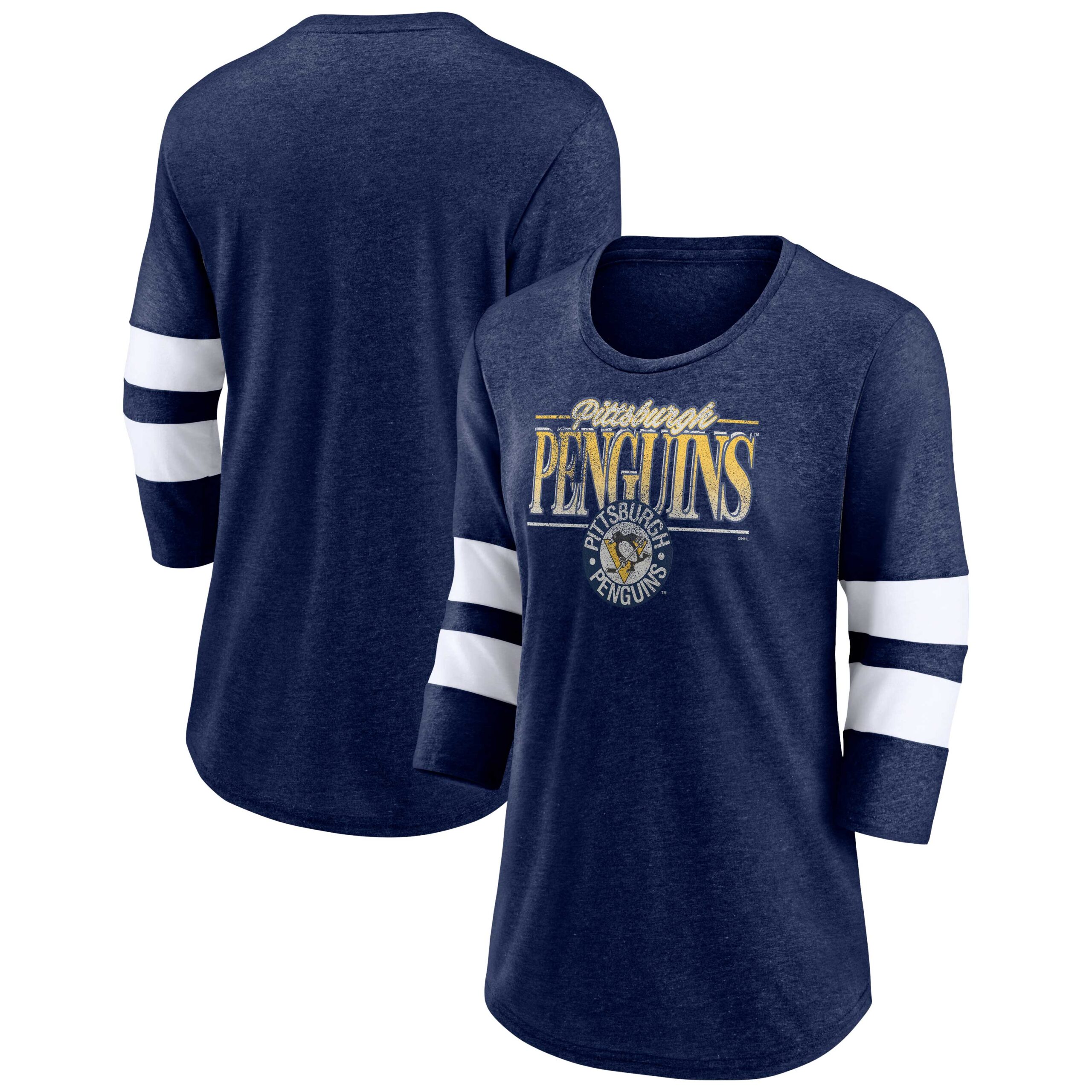 Women's Fanatics Heathered Navy/White Pittsburgh Penguins Full Shield 3/4-Sleeve Tri-Blend Raglan Scoop Neck T-Shirt - Image 2