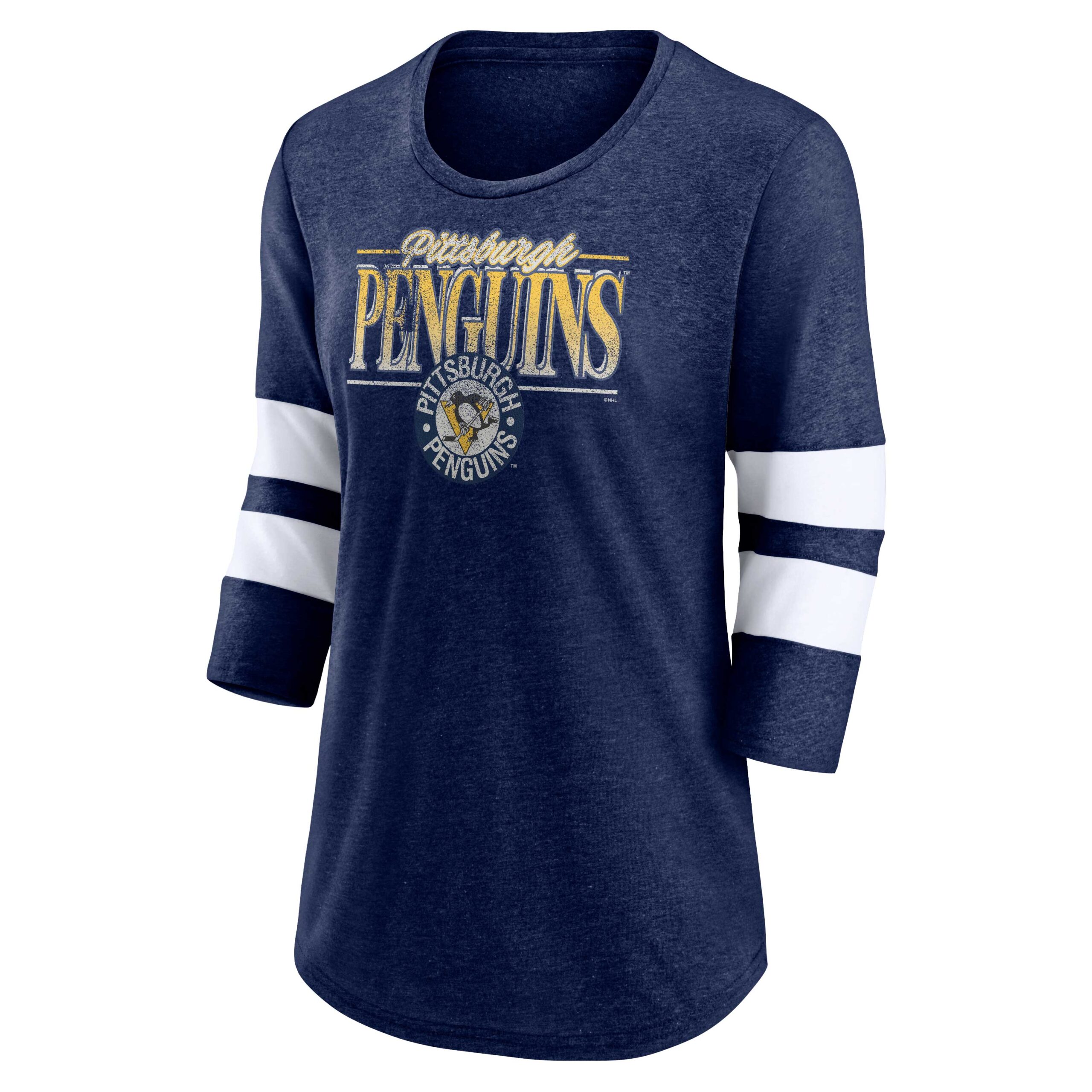 Women's Fanatics Heathered Navy/White Pittsburgh Penguins Full Shield 3/4-Sleeve Tri-Blend Raglan Scoop Neck T-Shirt - Image 6