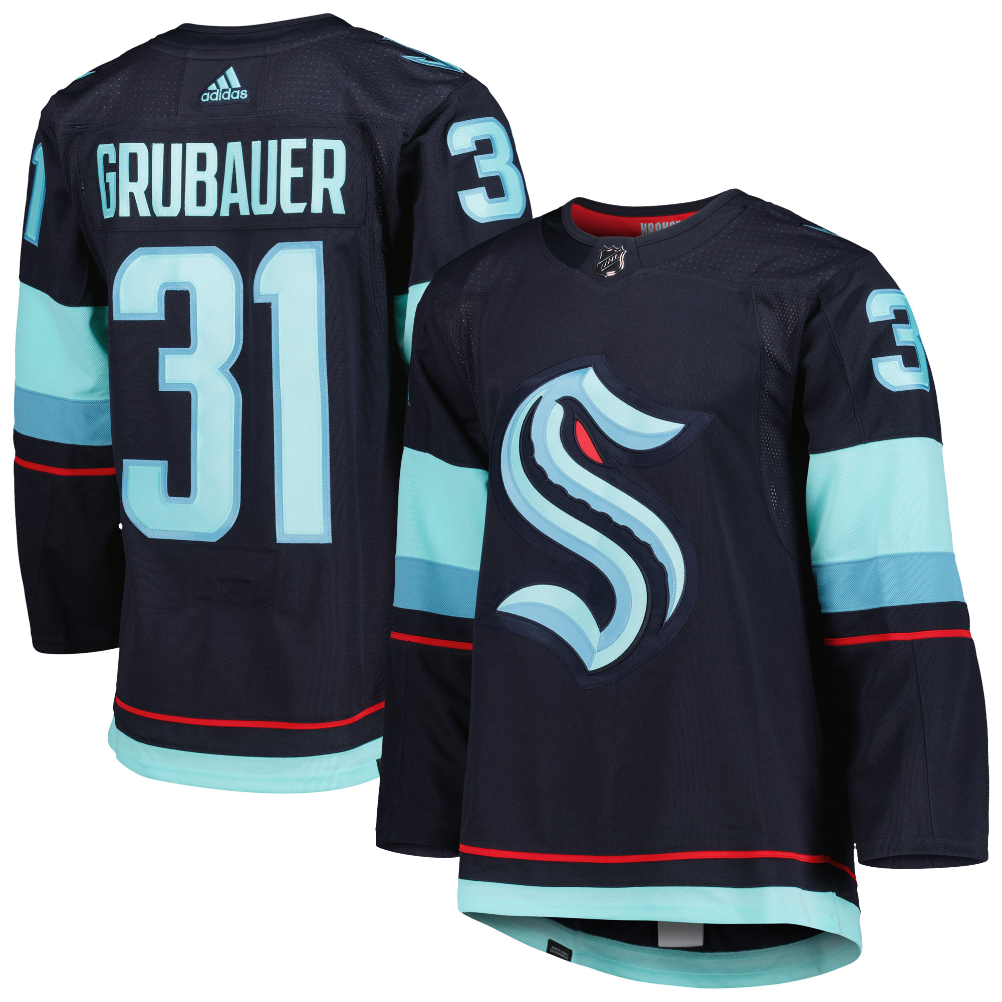 Men's adidas Philipp Grubauer Navy Seattle Kraken Home Primegreen Authentic Player Jersey