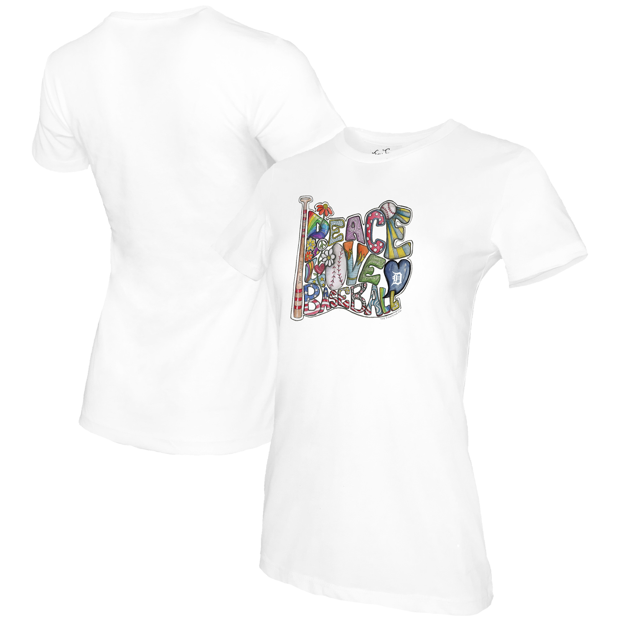 Women's Tiny Turnip White Detroit Tigers Peace Love Baseball T-Shirt - Image 5