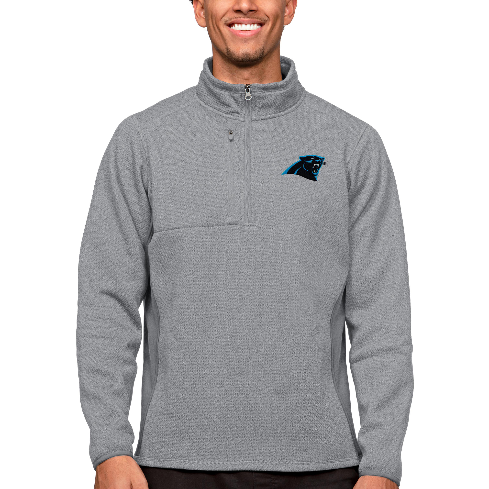 Men's Antigua Heathered Gray Carolina Panthers Course Quarter-Zip Pullover Top