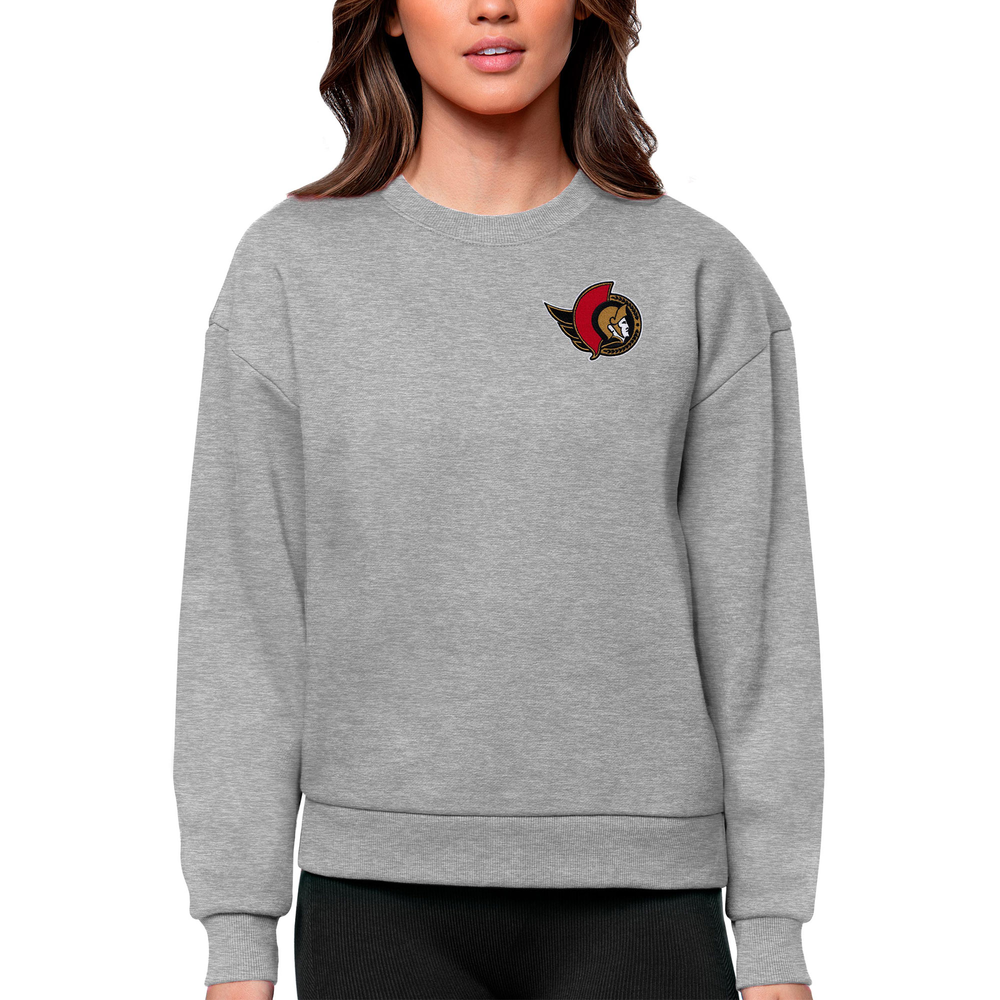 Women's Antigua Heather Gray Ottawa Senators Primary Logo Victory Crewneck Pullover Sweatshirt