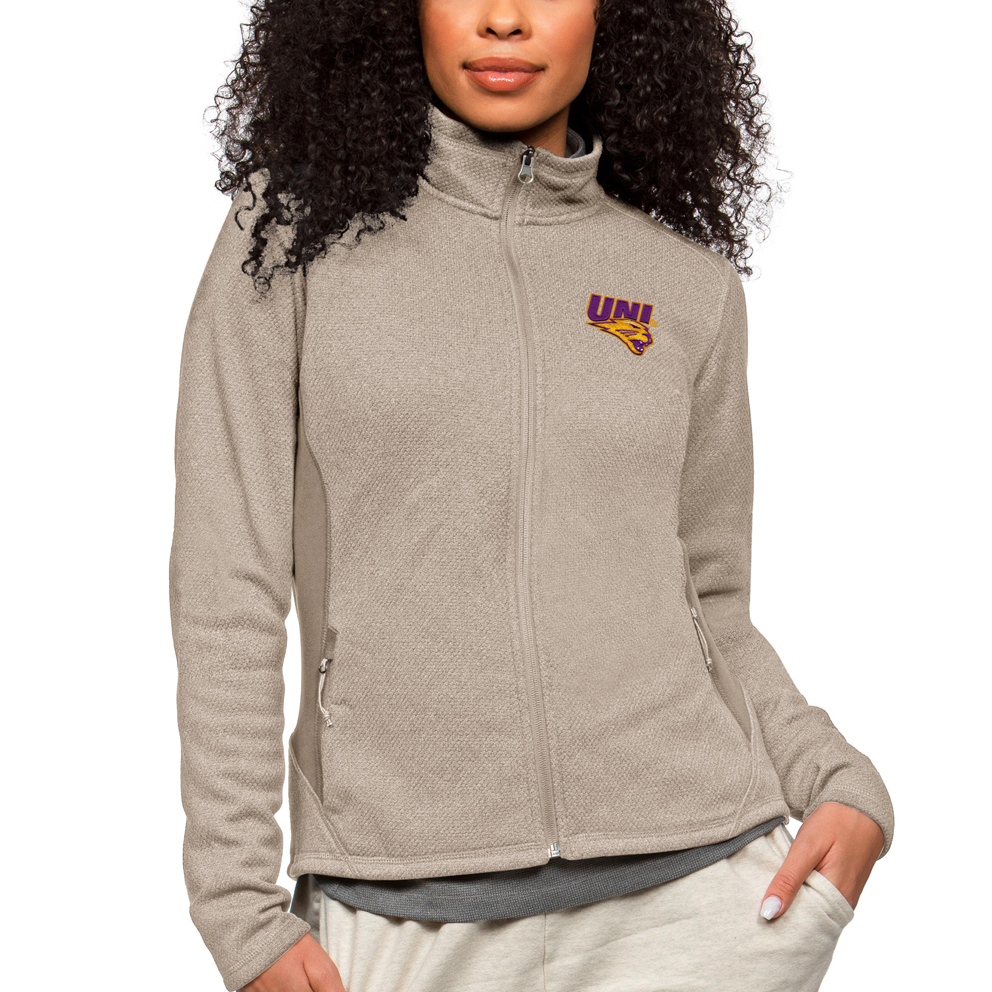 Women's Antigua Oatmeal Northern Iowa Panthers Course Full-Zip Jacket