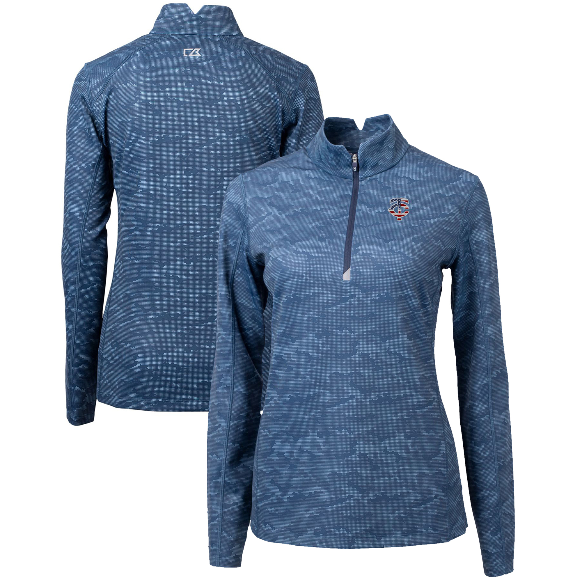 Women's Cutter & Buck Navy Minnesota Twins Americana Logo Traverse Camo Print Stretch Quarter-Zip Pullover Top
