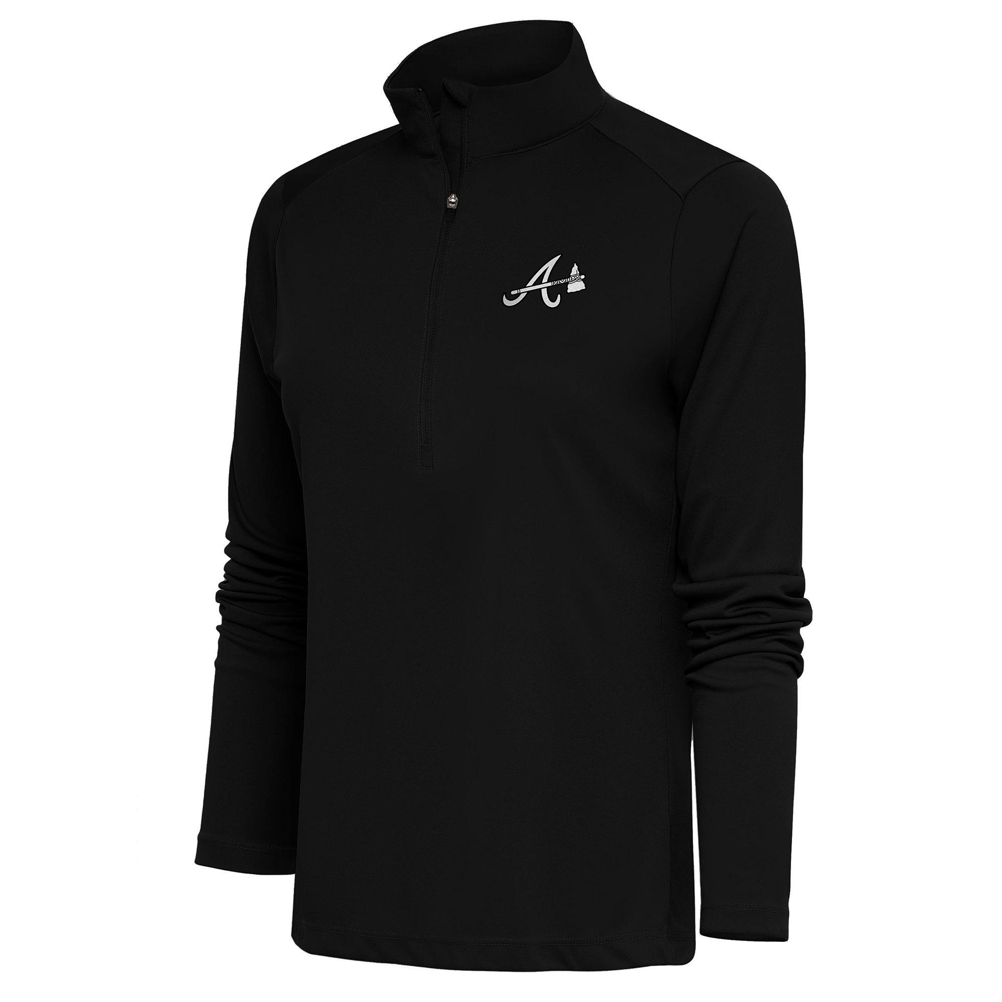 Women's Antigua Black Atlanta Braves Brushed Metallic Tribute Half-Zip Pullover Top