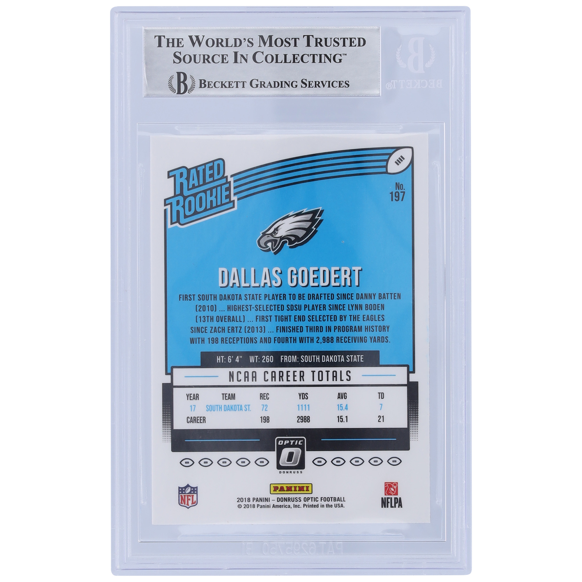 Dallas Goedert Philadelphia Eagles Autographed 2018 Panini Donruss Optic Rated Rookie #197 Beckett Fanatics Witnessed Authenticated Rookie Card with "Fly Eagles Fly" Inscription - Image 5