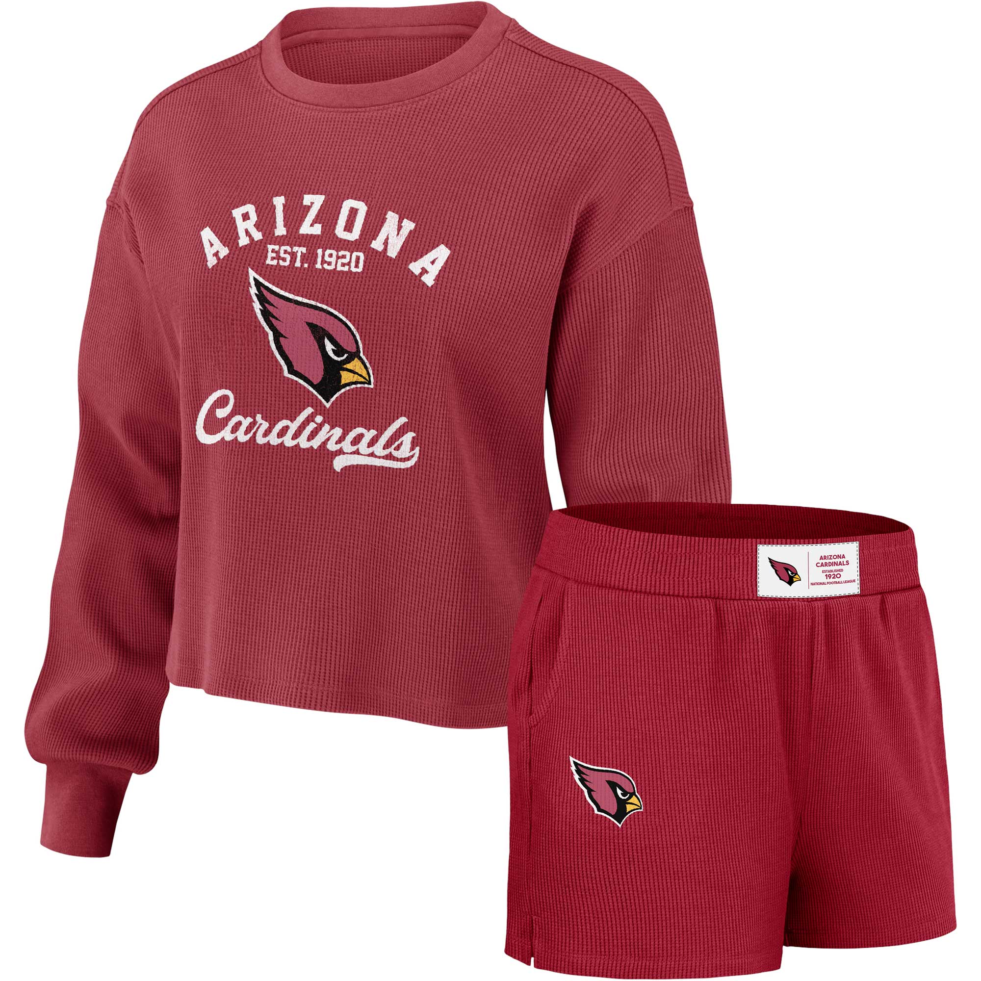 Women's WEAR by Erin Andrews Cardinal Arizona Cardinals Waffle Knit Long Sleeve T-Shirt & Shorts Lounge Set - Image 2