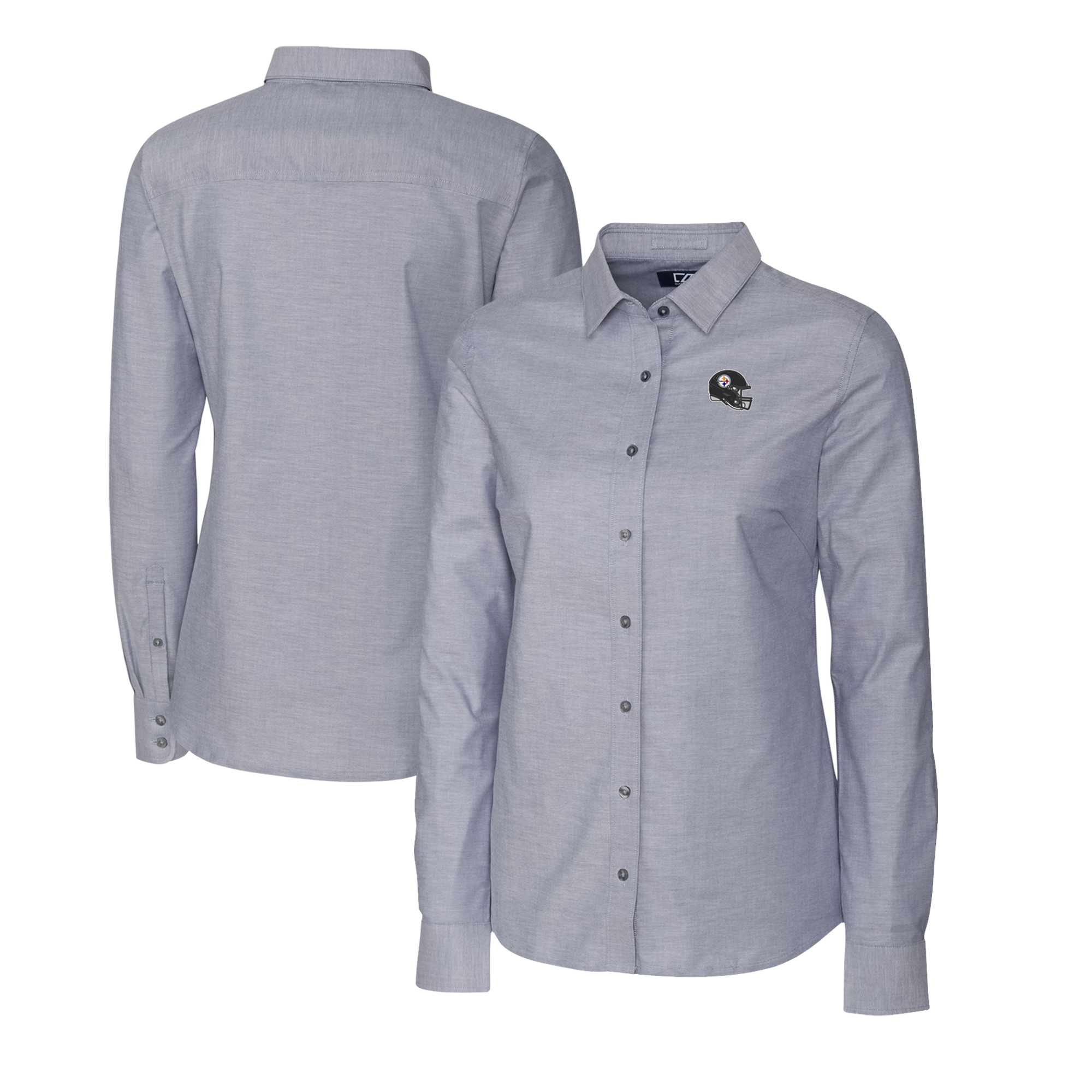 Women's Cutter & Buck Charcoal Pittsburgh Steelers Helmet Logo Stretch Oxford Long Sleeve Button-Up Shirt