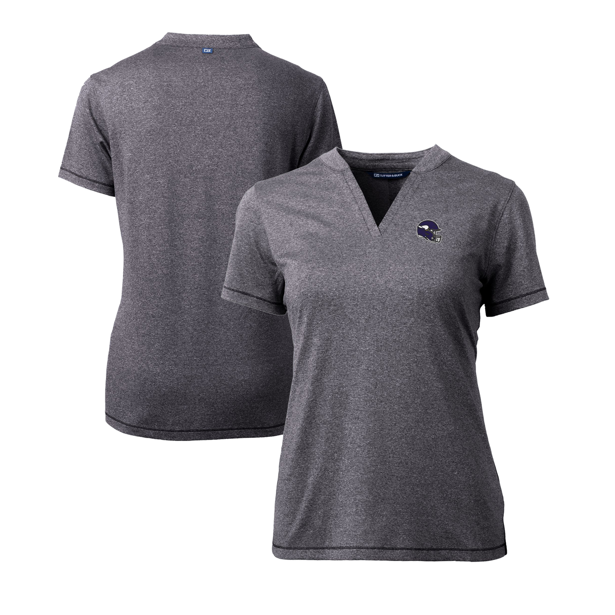 Women's Cutter & Buck Heather Charcoal Minnesota Vikings Helmet Logo DryTec Forge Stretch V-Neck Blade Top