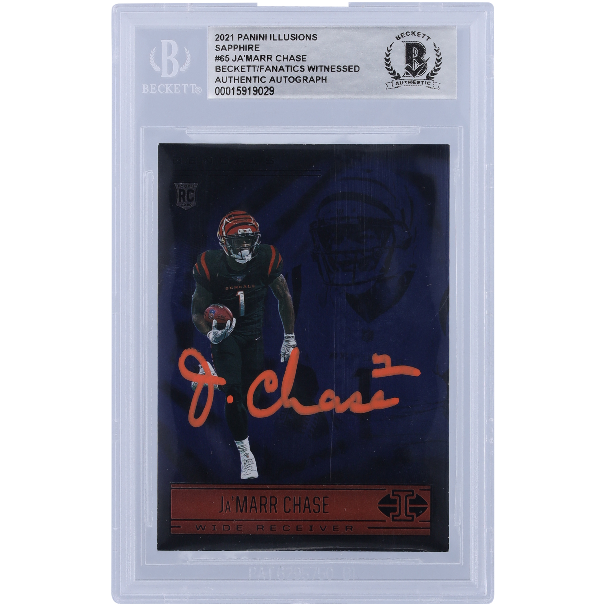 Ja'Marr Chase Cincinnati Bengals Autographed 2021 Panini Illusions Sapphire Orange Ink #65 Beckett Fanatics Witnessed Authenticated Rookie Card
