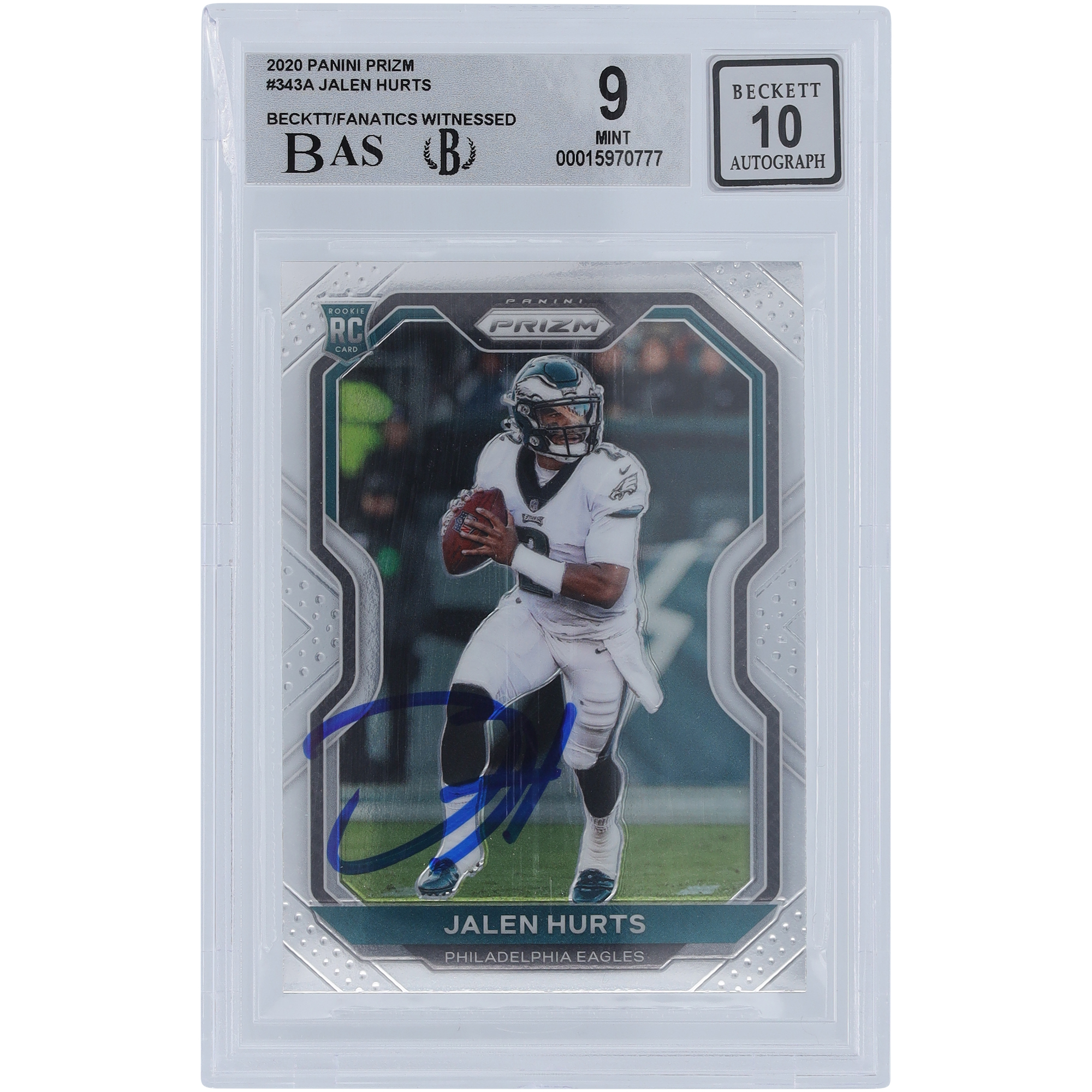 Jalen Hurts Philadelphia Eagles Autographed 2020 Panini Prizm #343 Beckett Fanatics Witnessed Authenticated 9/10 Rookie Card - 9,8.5,9,9.5 Subgrades - Image 2