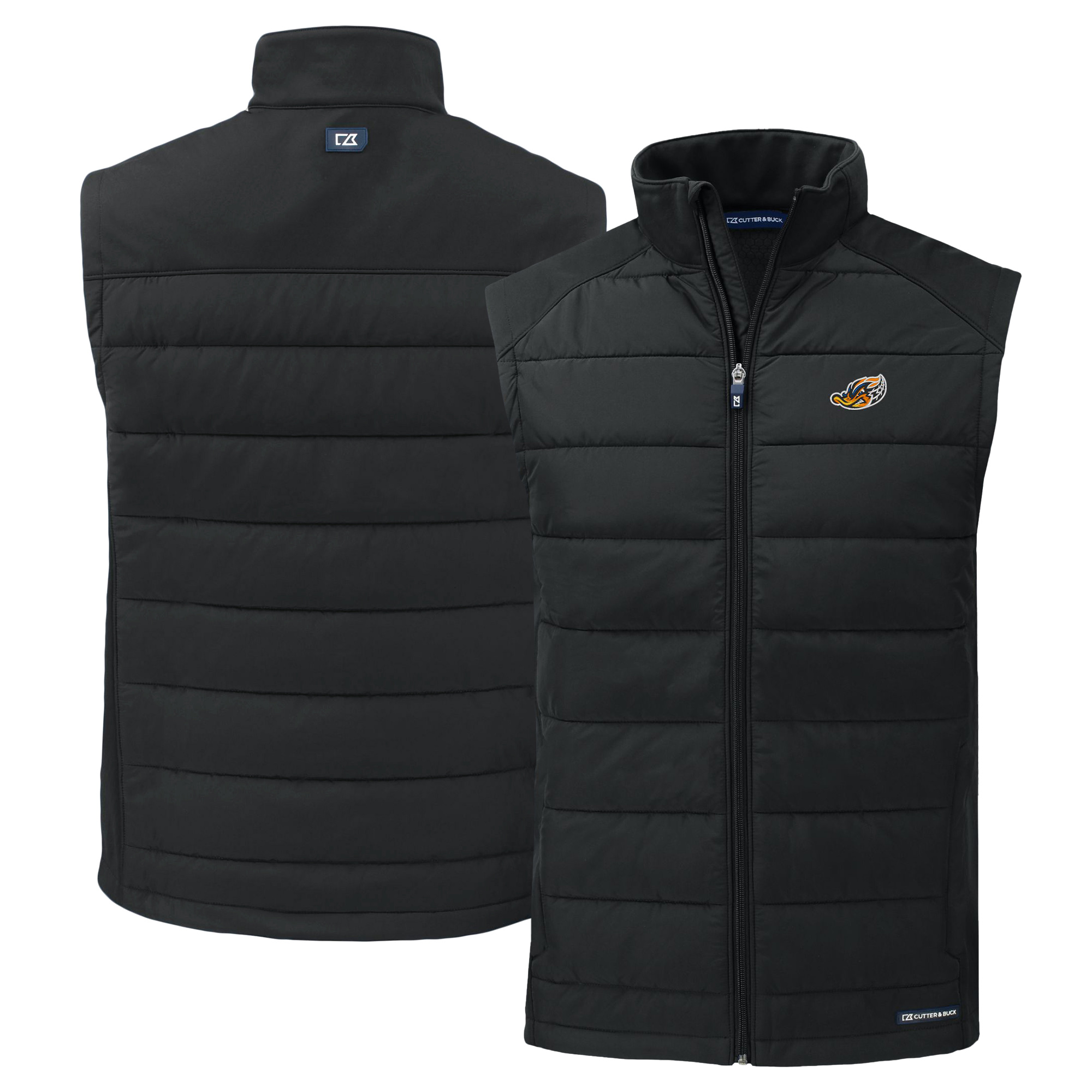 Men's Cutter & Buck Black Akron RubberDucks Evoke Hybrid Eco Softshell Recycled Full-Zip Vest