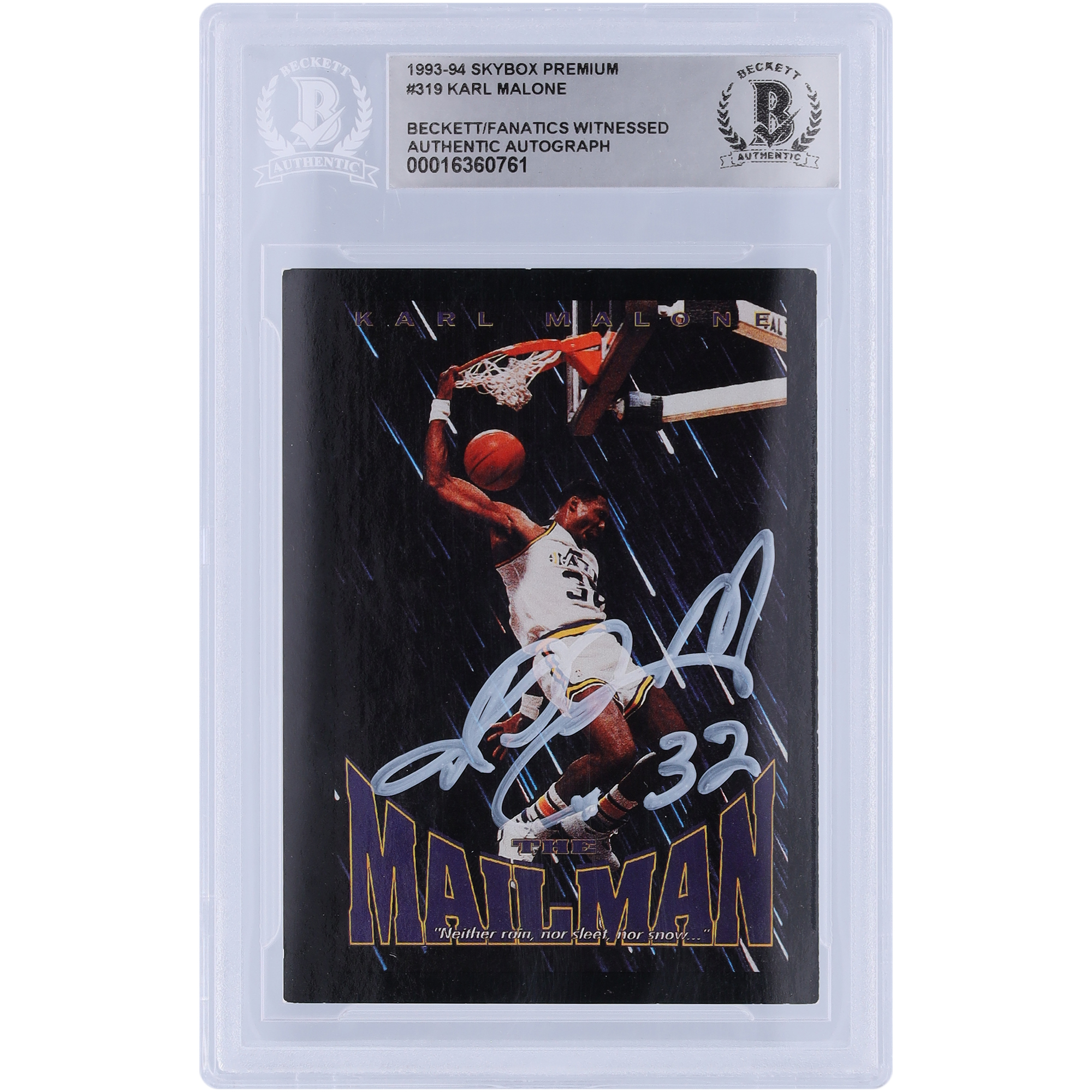 Karl Malone Utah Jazz Autographed 1993-94 Skybox Premium #319 Beckett Fanatics Witnessed Authenticated Card - Image 2