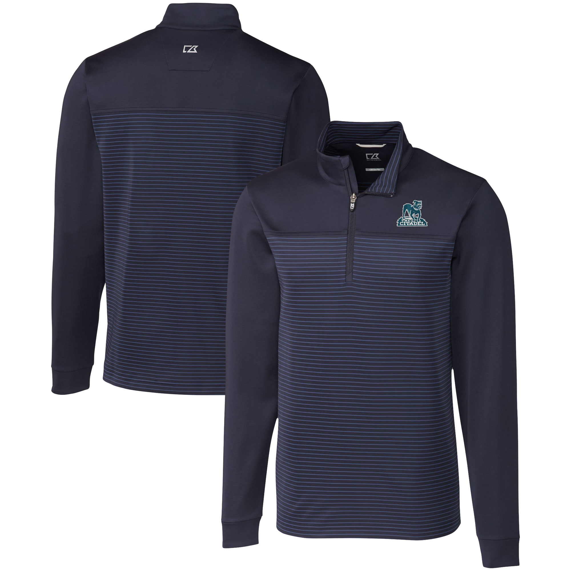 Men's Cutter & Buck Navy Citadel Bulldogs Vault DryTec Traverse Stripe Stretch Quarter-Zip Pullover - Image 2