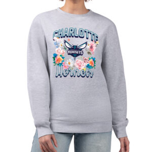Women's G-III 4Her by Carl Banks Heather Gray Charlotte Hornets Flowers Team Logo Graphic Fleece Crewneck Pullover Sweatshirt