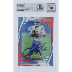 Jared Goff Detroit Lions Autographed 2021 Panini Absolute Red Squares #8 #/499 Beckett Fanatics Witnessed Authenticated 10 Card