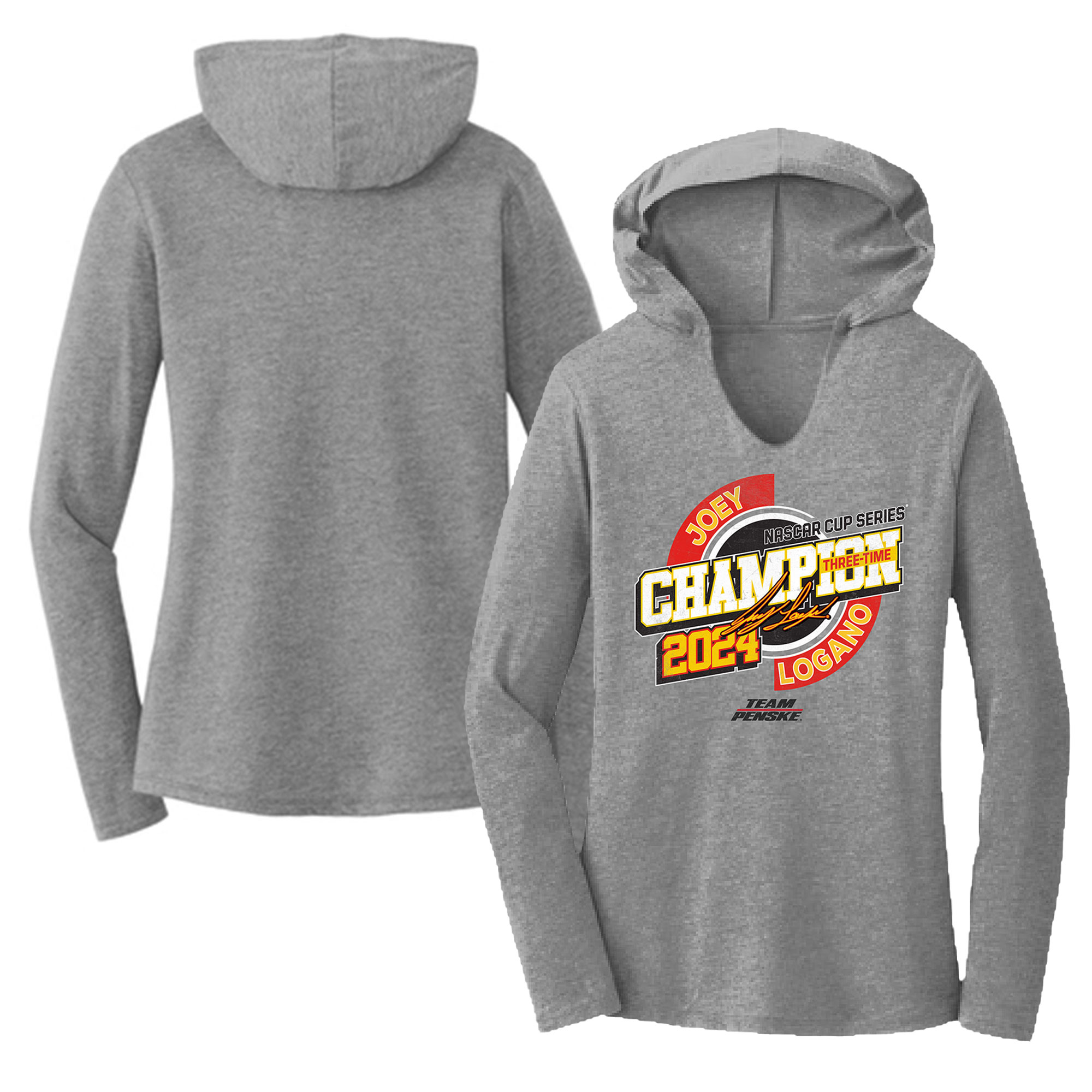 Women's Team Penske Gray Joey Logano Three-Time NASCAR Cup Series Champion Speed Long Sleeve Hooded T-Shirt