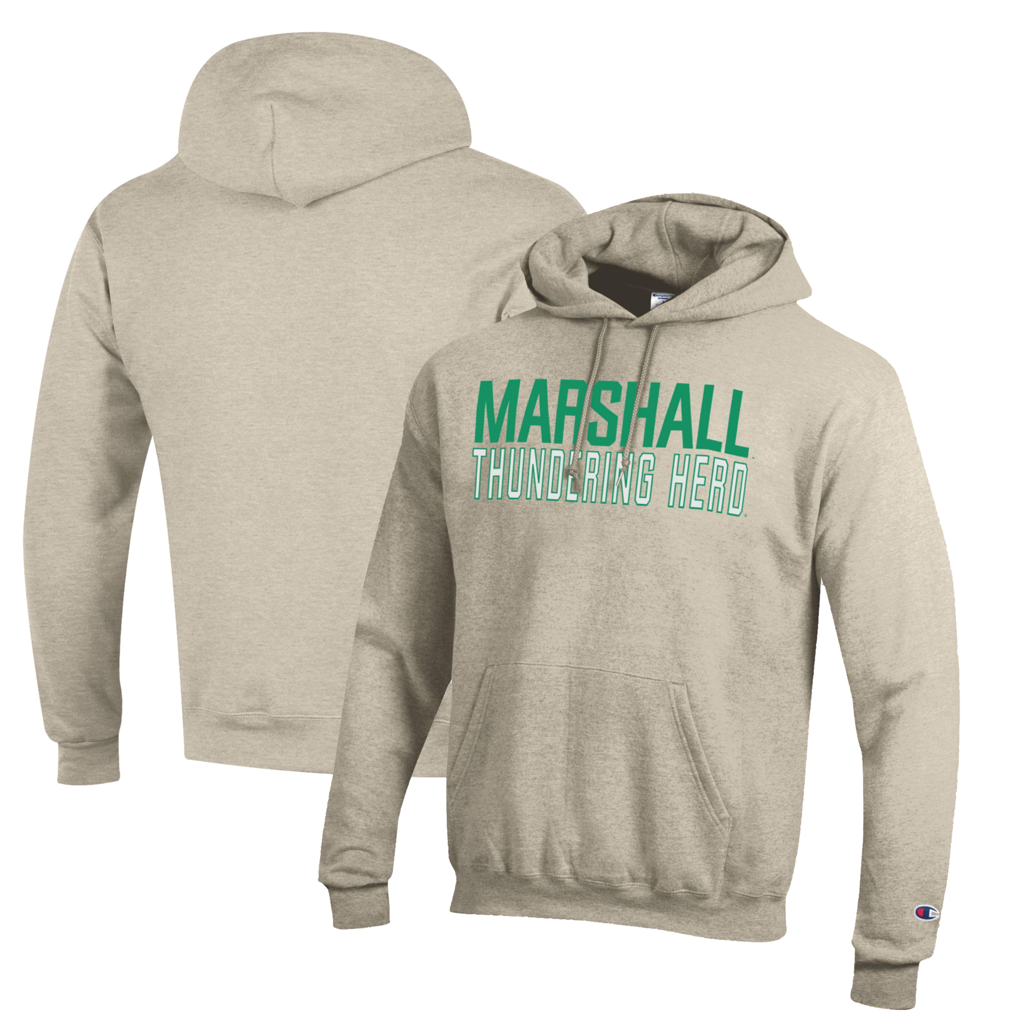 Men's Champion Oatmeal Marshall Thundering Herd Eco Powerblend Pullover Hoodie - Image 5
