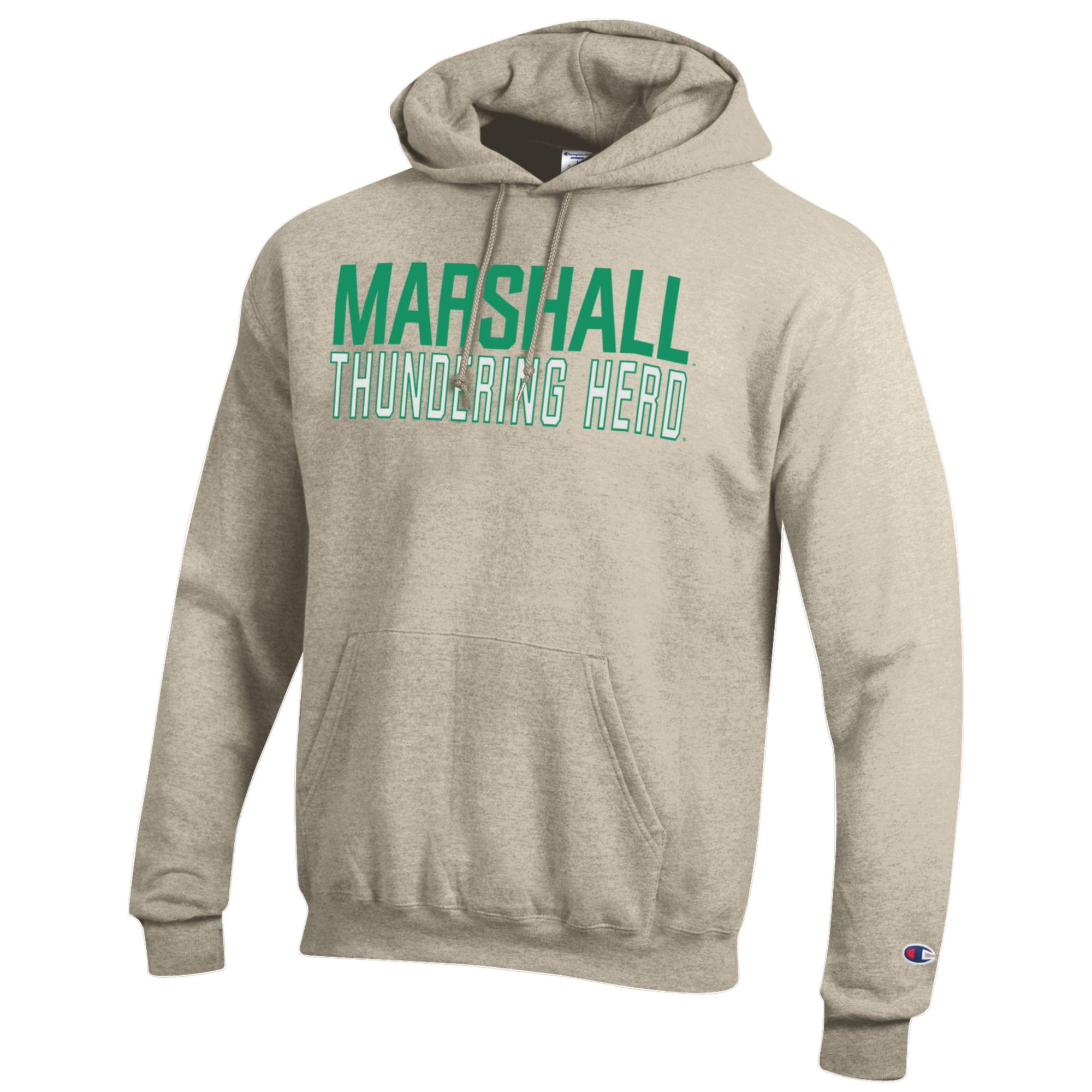 Men's Champion Oatmeal Marshall Thundering Herd Eco Powerblend Pullover Hoodie - Image 3