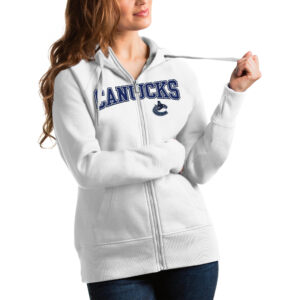 Women's Antigua White Vancouver Canucks Wordmark Victory Full-Zip Hoodie