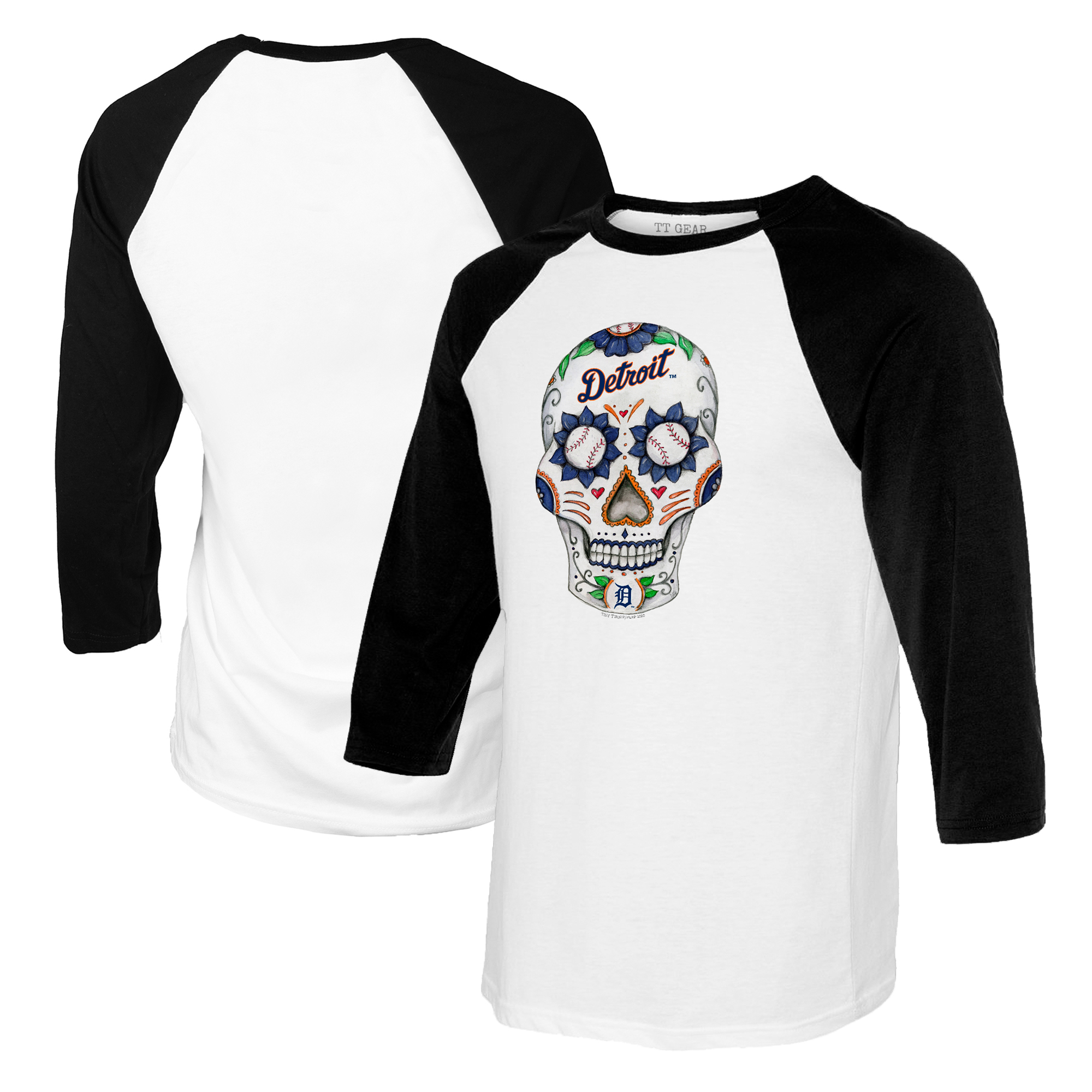 Women's Tiny Turnip White/Black Detroit Tigers Sugar Skull 3/4-Sleeve Raglan T-Shirt