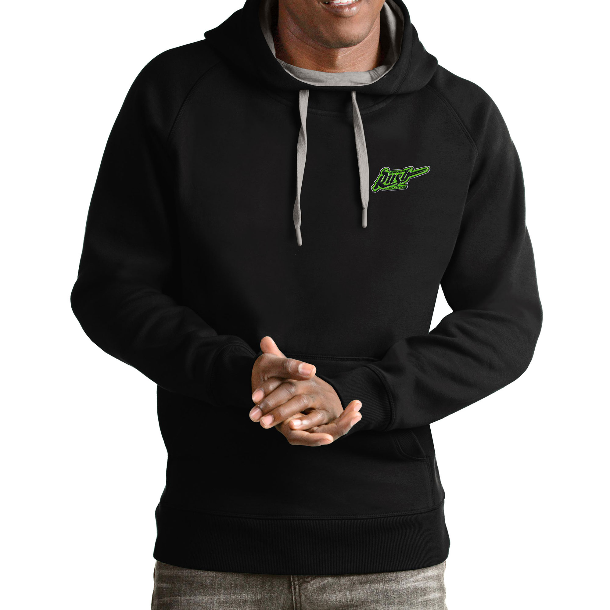 Men's Antigua Black Saskatchewan Rush Victory Pullover Hoodie