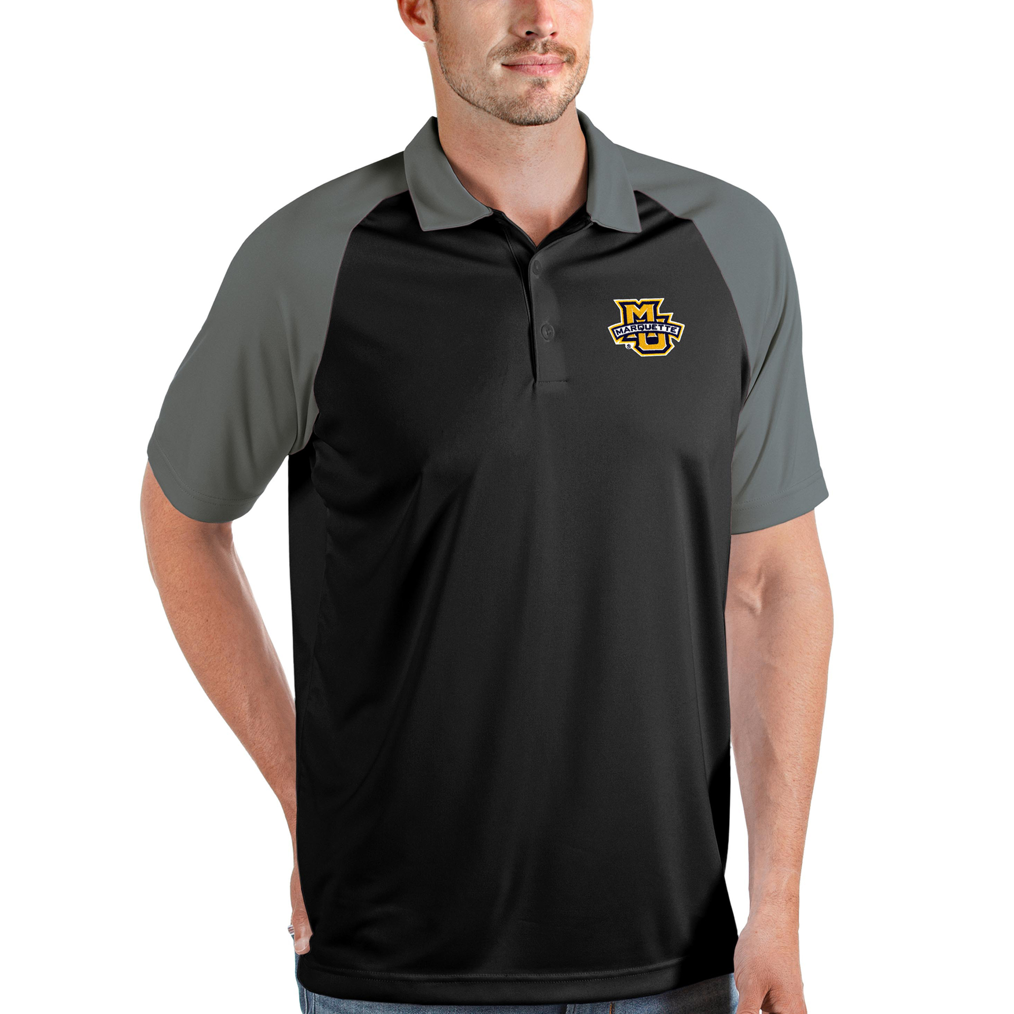 Men's Antigua Black/Steel Marquette Golden Eagles Nova Polo