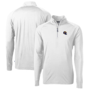 Men's Cutter & Buck  White Los Angeles Rams Helmet Adapt Eco Knit Stretch Recycled Quarter-Zip Pullover Top