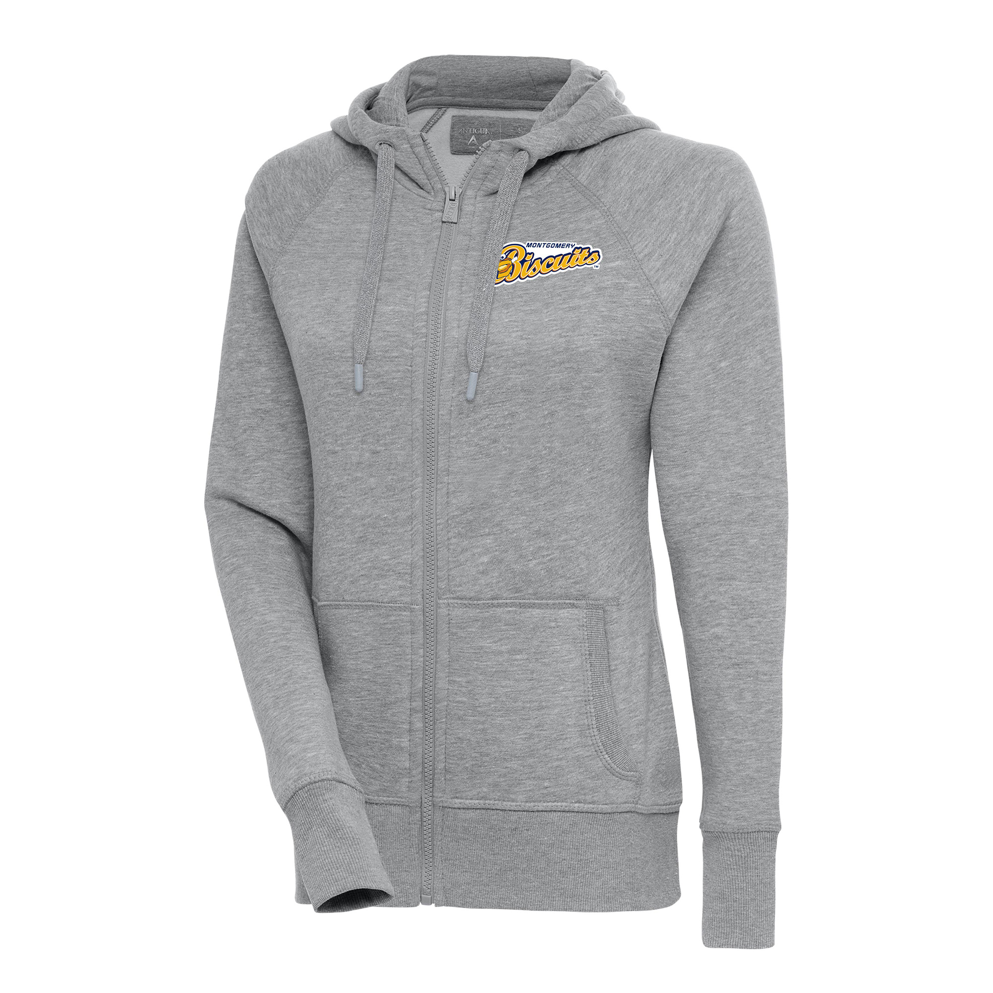 Women's Antigua Heather Gray Montgomery Biscuits Victory Full-Zip Hoodie