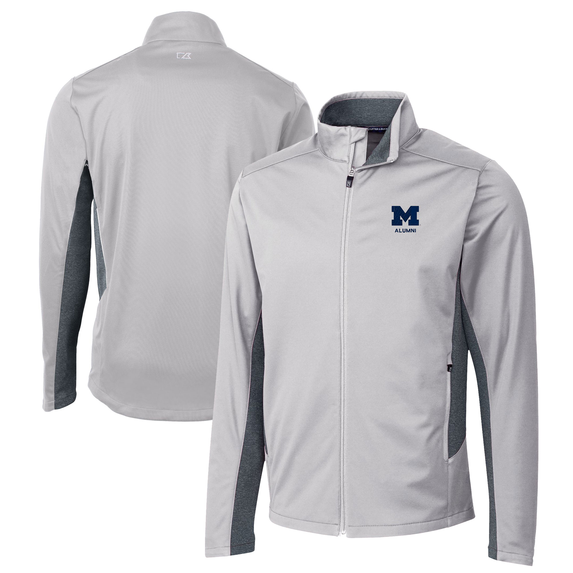 Men's Cutter & Buck Gray Michigan Wolverines Alumni Logo Navigate Softshell Full-Zip Jacket