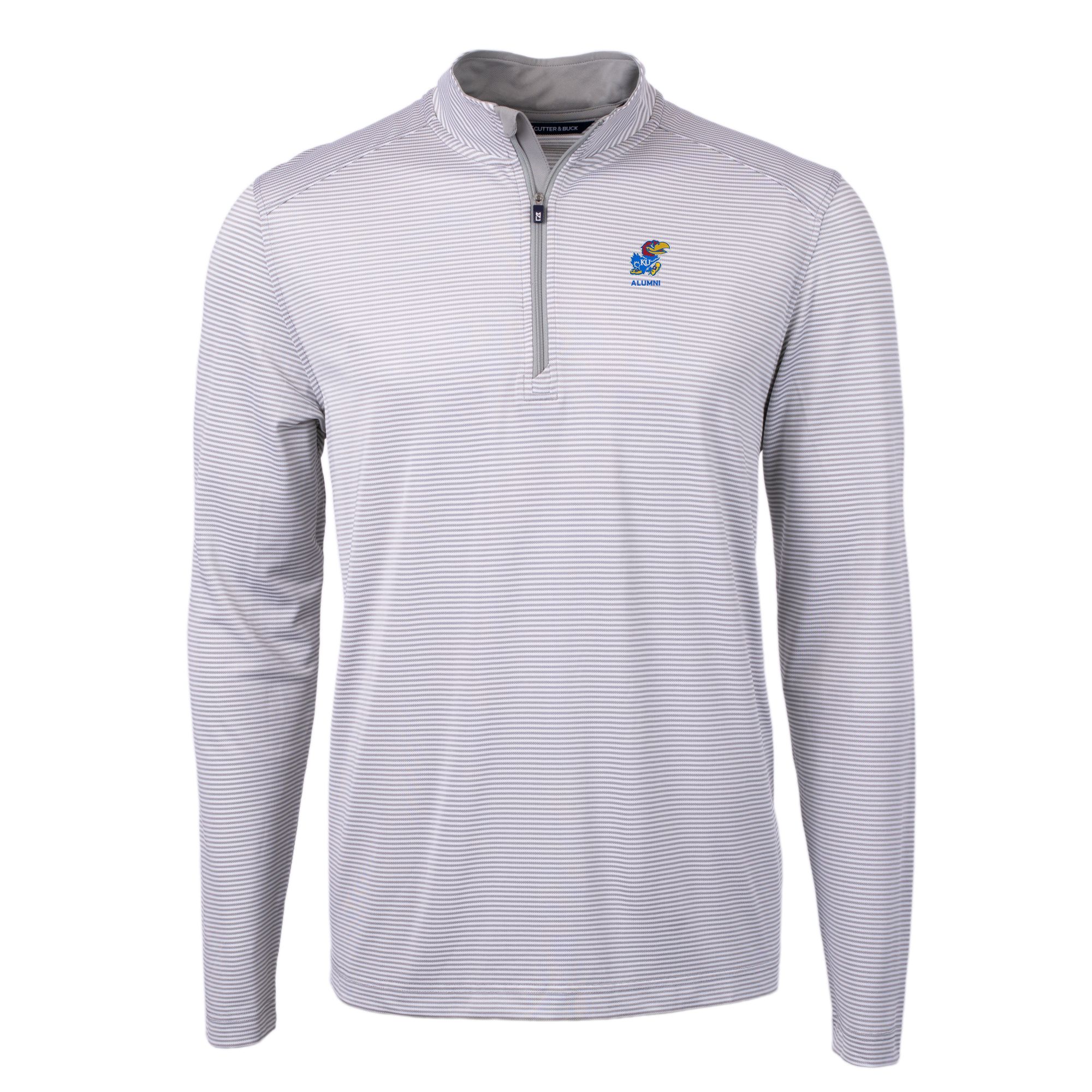 Men's Cutter & Buck Gray Kansas Jayhawks Alumni Logo DryTec Virtue Eco Pique Micro Stripe Recycled Quarter-Zip Pullover Top - Image 3