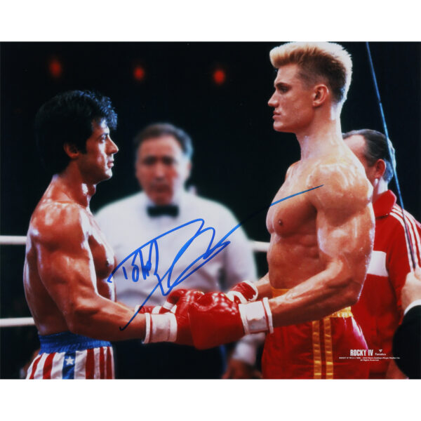 Dolph Lundgren Rocky IV Autographed 8" x 10" Rocky Touching Gloves with Drago Photograph