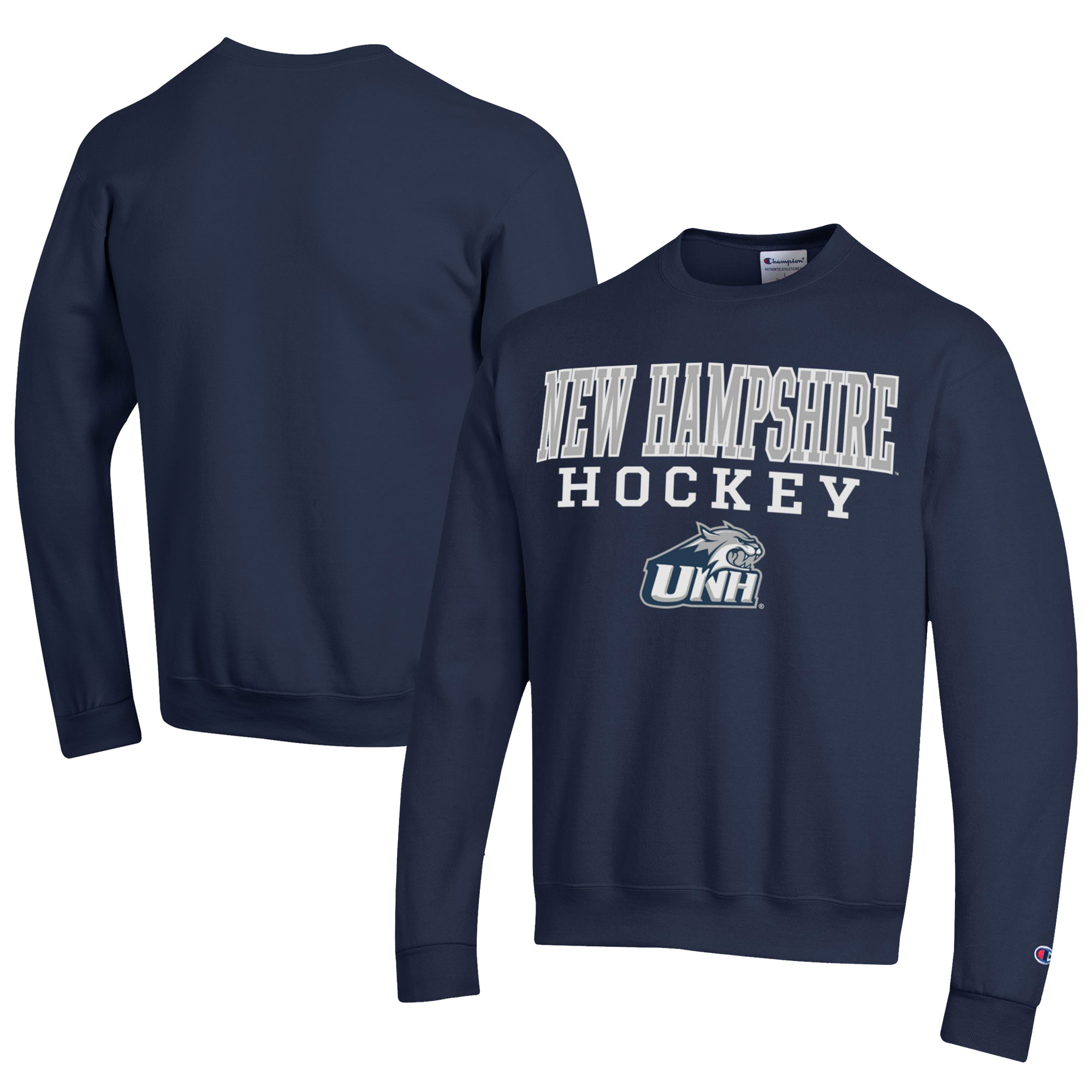Men's Champion Navy New Hampshire Wildcats Stacked Logo Hockey Eco Powerblend Pullover Sweatshirt - Image 2