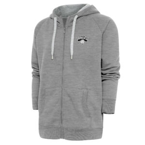 Men's Antigua Heather Gray New York Knicks Metallic Logo Victory Raglan Full-Zip Hoodie