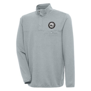 Men's Antigua Gray Philadelphia 76ers Metallic Logo Streamer Quarter-Snap Pullover Jacket