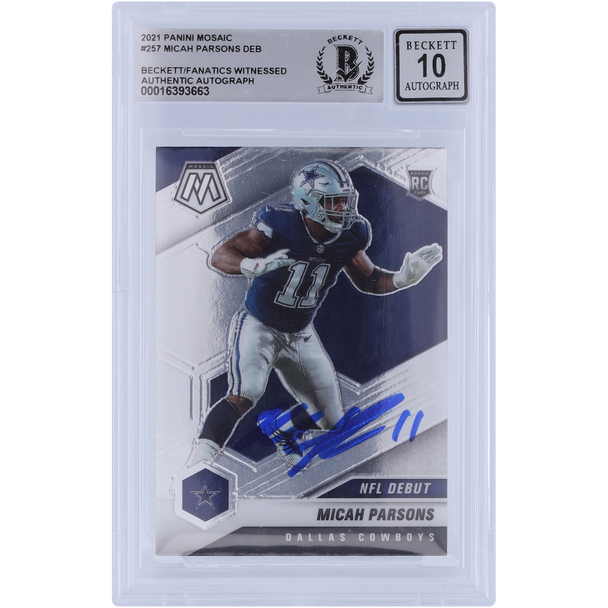 Micah Parsons Dallas Cowboys Autographed 2021 Panini Mosaic #257 Beckett Fanatics Witnessed Authenticated 10 Rookie Card - Image 2