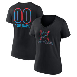 Women's  Black Miami Marlins Personalized Name & Number Fastball V-Neck T-Shirt