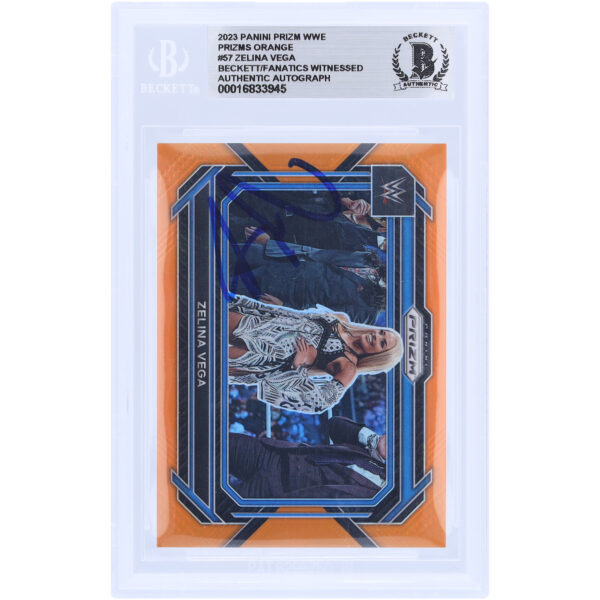 Zelina Vega WWE Autographed 2023 Panini Prizm Orange Prizm #57 #53/99 Beckett Fanatics Witnessed Authenticated Card