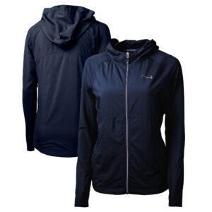 Women's Cutter & Buck Navy Atlanta Braves Adapt Eco Knit Hybrid Recycled Raglan Full-Zip Hoodie