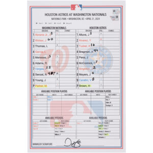Washington Nationals Game-Used Lineup Card vs. Houston Astros on April 21, 2024