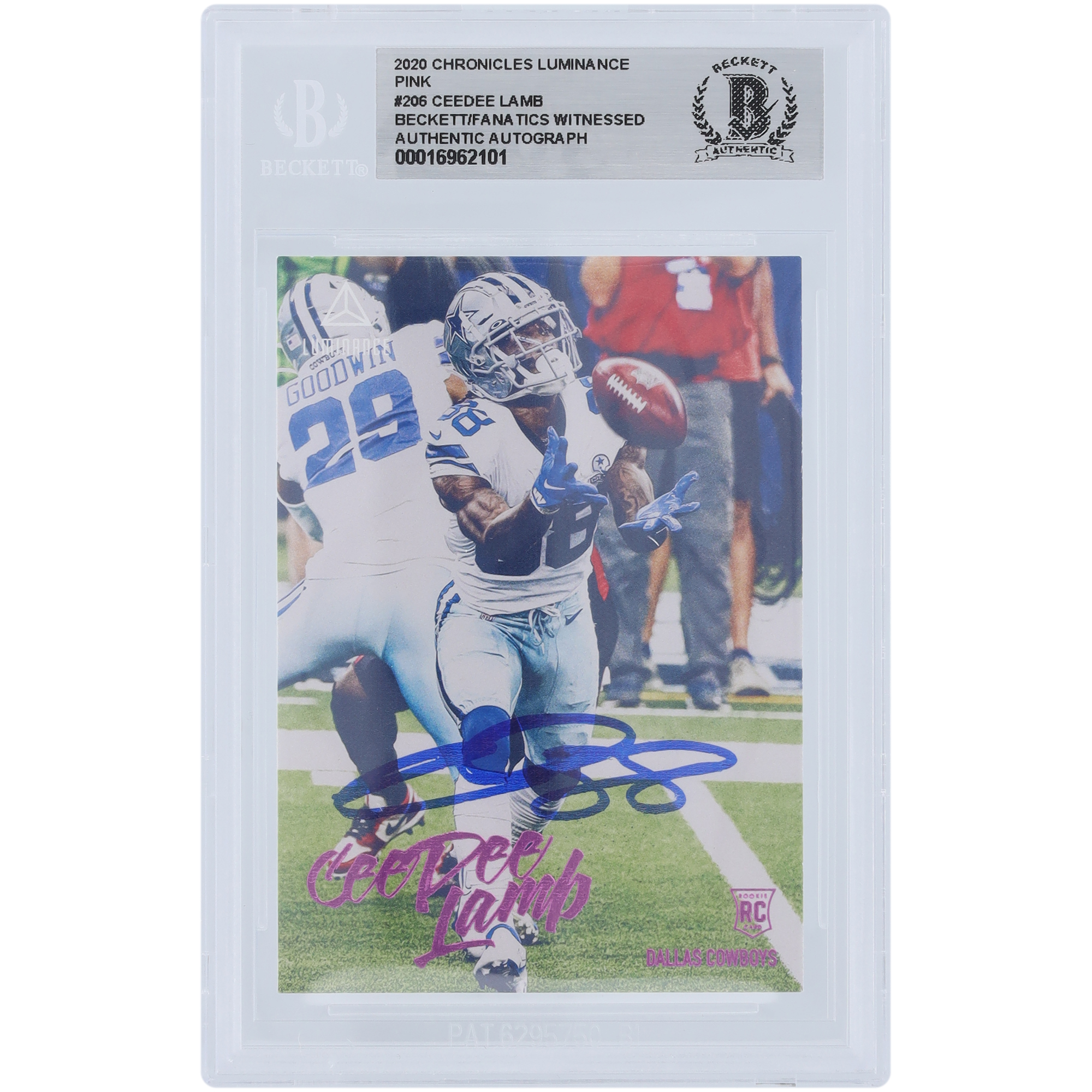 CeeDee Lamb Dallas Cowboys Autographed 2020 Panini Chronicles Luminance Pink #206 Beckett Fanatics Witnessed Authenticated Rookie Card