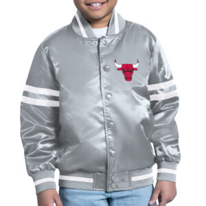 Youth Starter  Gray Chicago Bulls Printed Shield Logo Satin Varsity Full-Snap Jacket