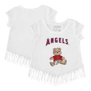 Girls Toddler Tiny Turnip White Los Angeles Angels Girl Teddy Fringe T-Shirt