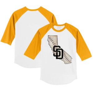 Youth Tiny Turnip White/Gold San Diego Padres State Outline 3/4-Sleeve Raglan T-Shirt