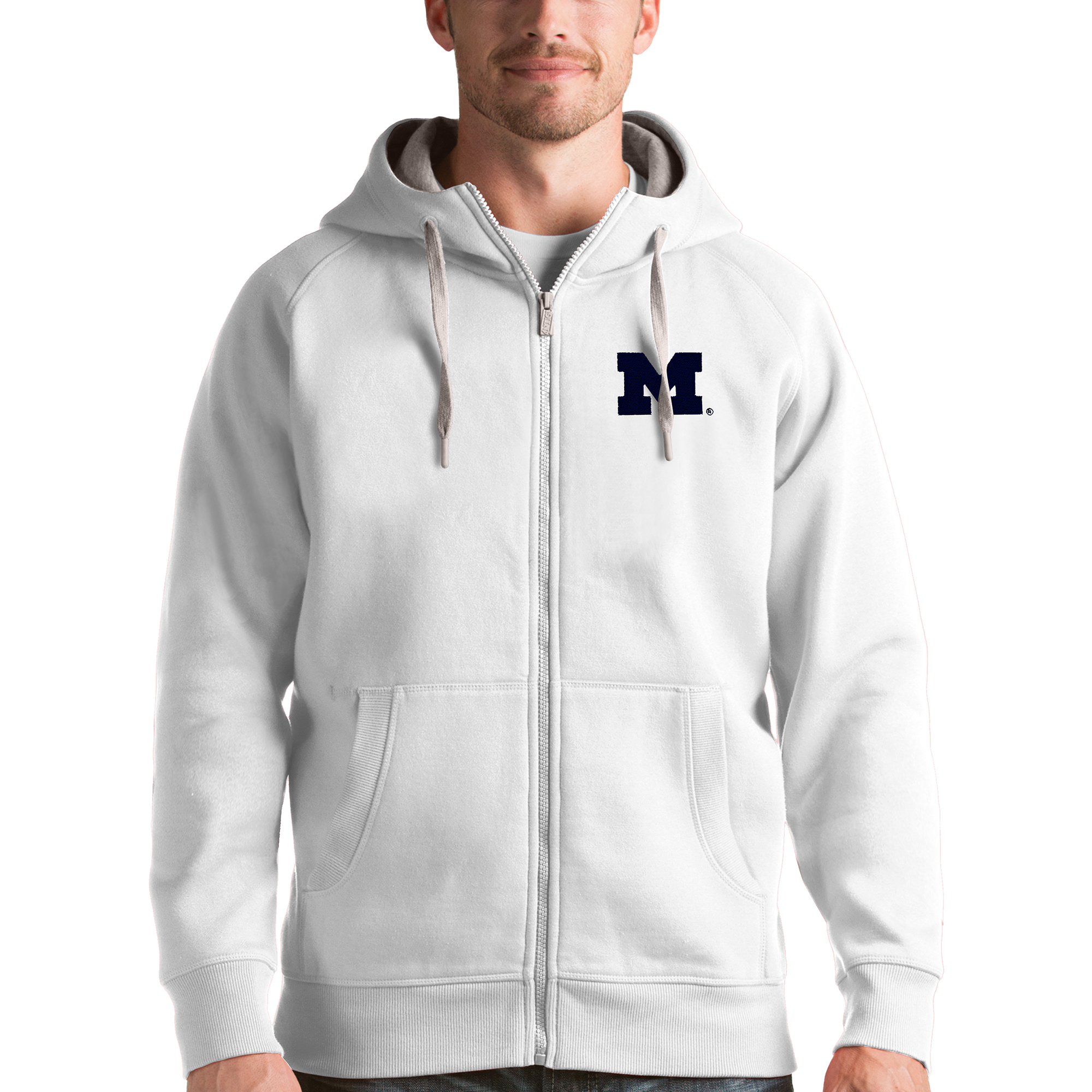 Men's Antigua White Michigan Wolverines Victory Full-Zip Hoodie