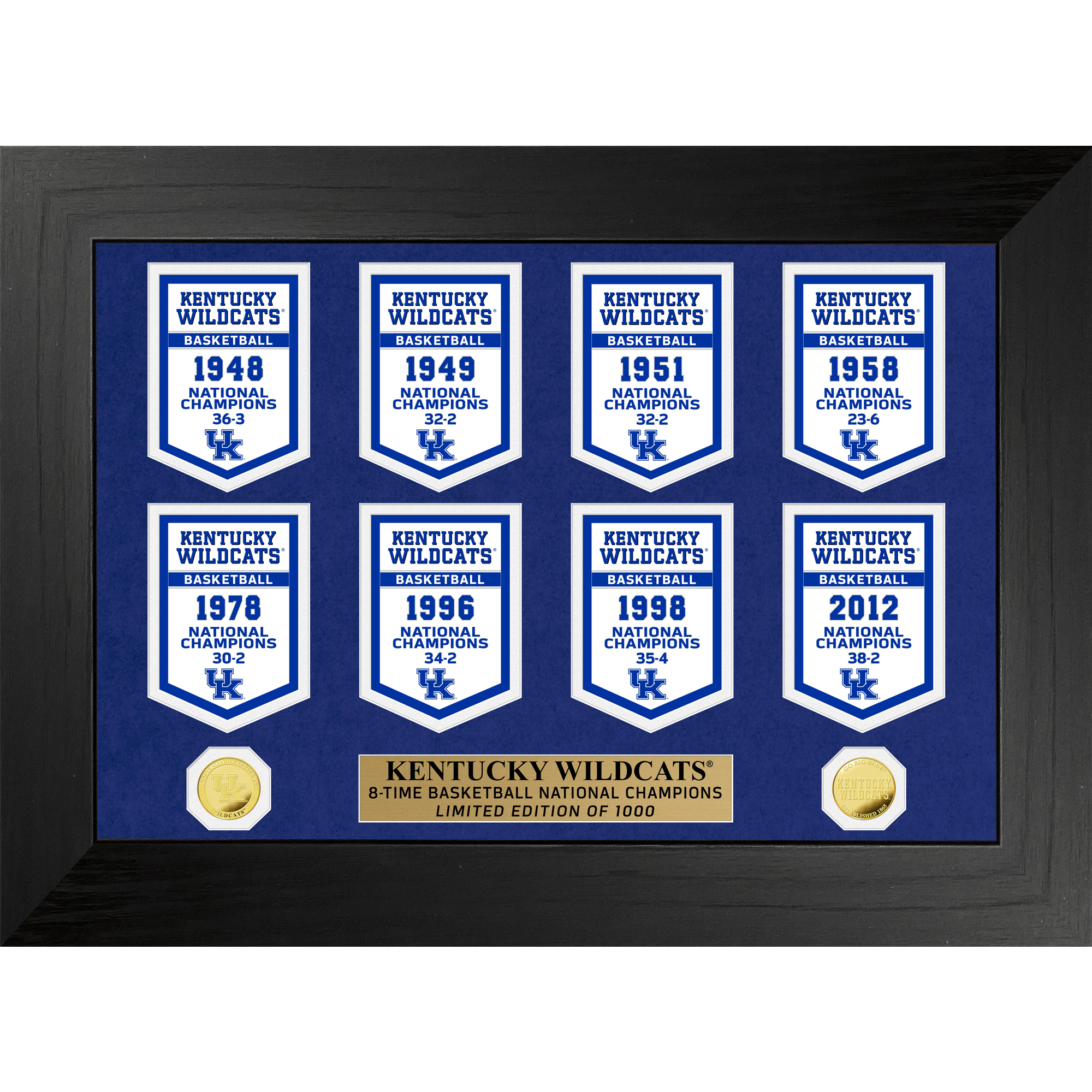 Highland Mint Kentucky Wildcats 8-Time Basketball National Champions 18'' x 22'' Gold Deluxe Banner Frame