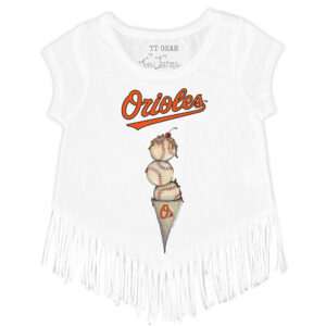 Girls Toddler Tiny Turnip White Baltimore Orioles Triple Scoop Fringe T-Shirt
