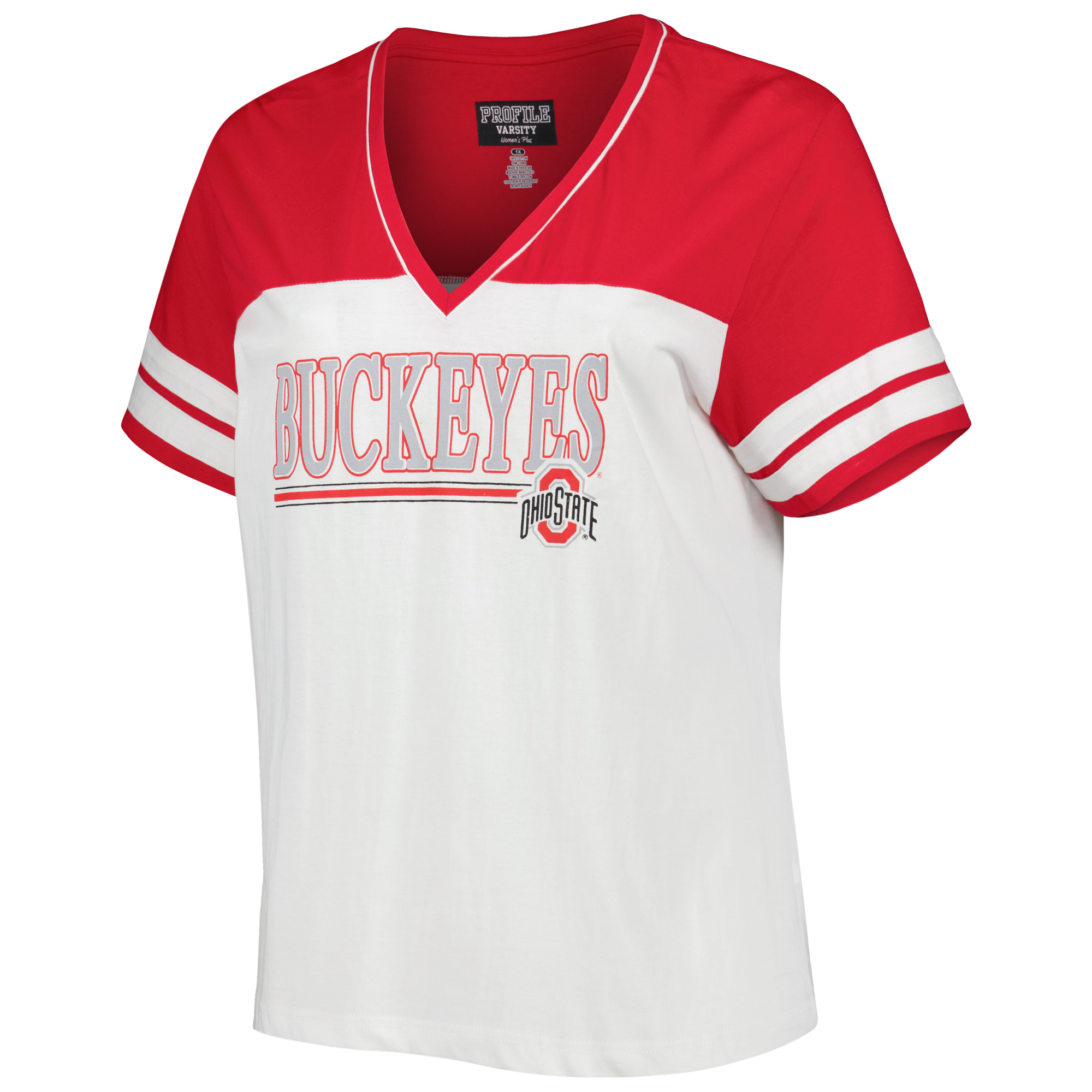 Women's White/Scarlet Ohio State Buckeyes Plus Size Field Game Glitter T-Shirt - Image 3