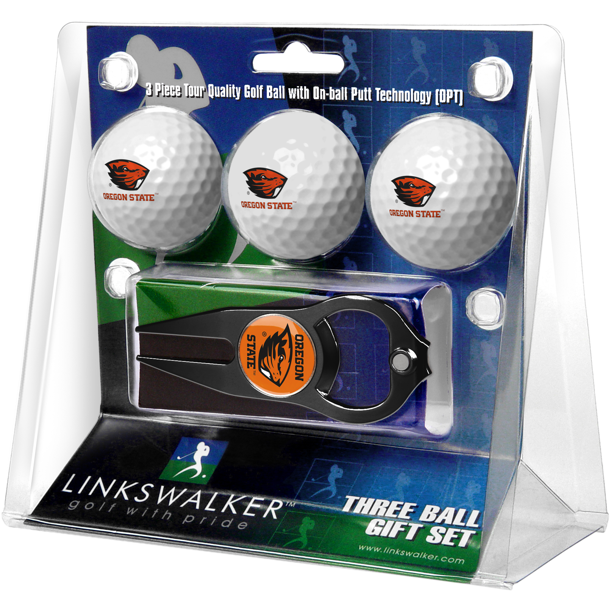 Oregon State Beavers 3-Pack Golf Ball Gift Set with Black Hat Trick Divot Tool