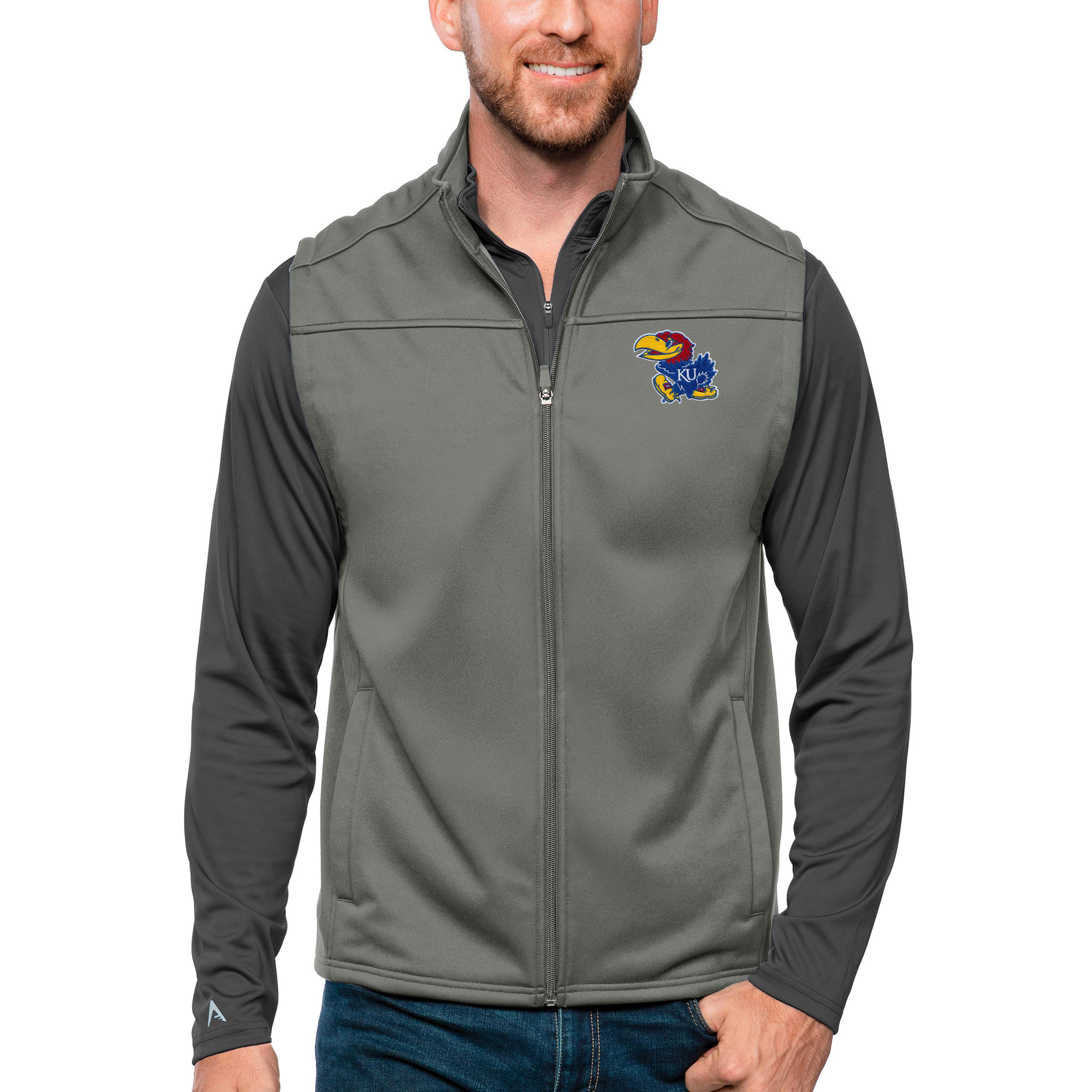 Men's Antigua Steel Kansas Jayhawks Links Full-Zip Golf Vest